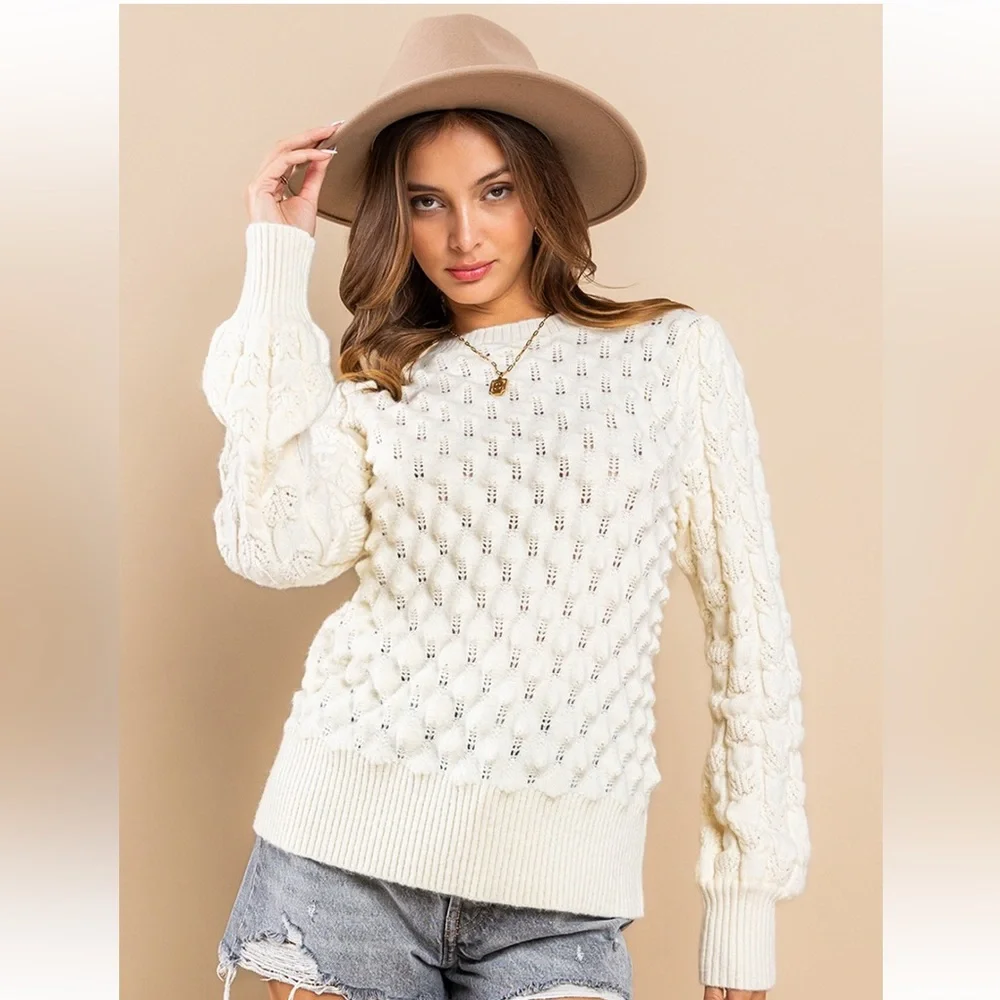 33 Boho Soft Two Tone Textured Sweater Top - Picture 1 of 7